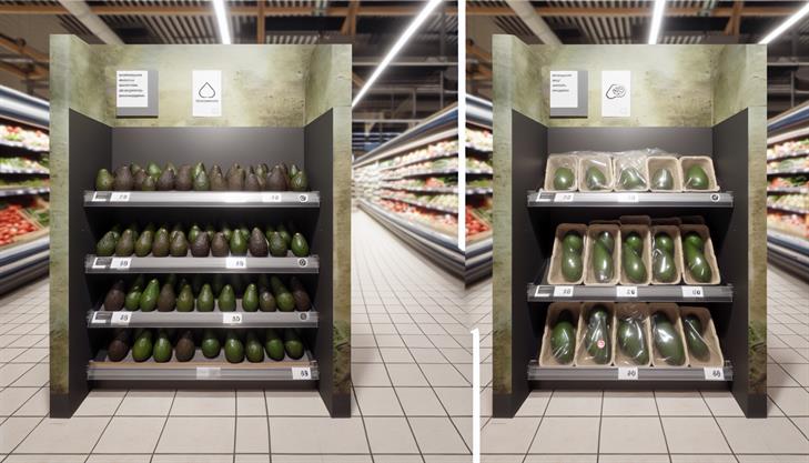 Avocado packaging comparison with traditional solutions; eco-friendly, biodegradable, sustainable materials.